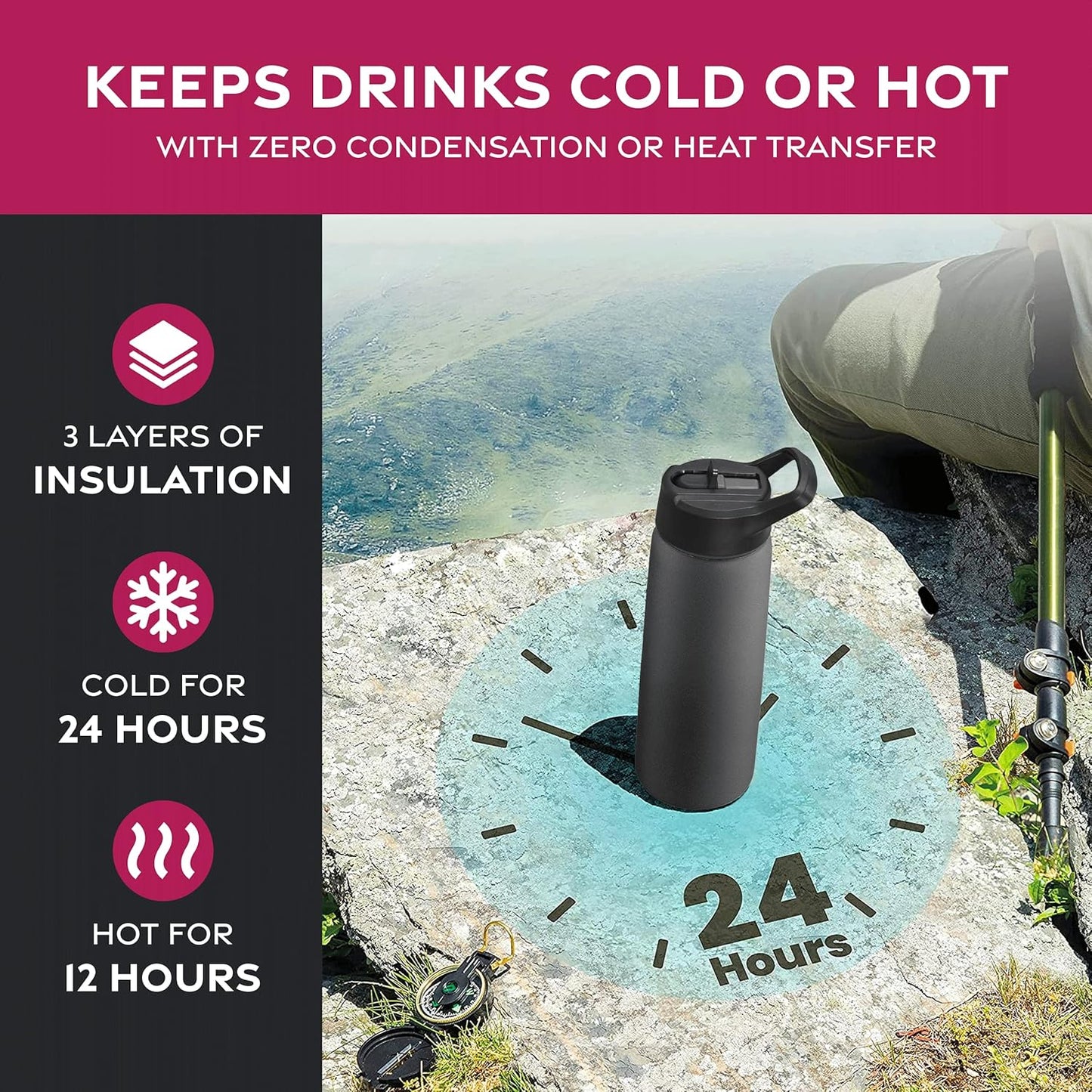 Triple Walled, Insulated Water Bottles with Straw - 25 Oz Stainless Steel Metal Bottle W/ 3 Leak Proof Lids