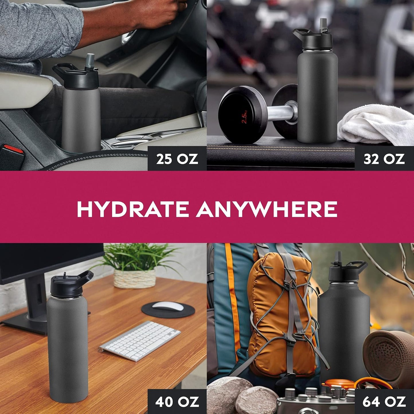 Triple Walled, Insulated Water Bottles with Straw - 25 Oz Stainless Steel Metal Bottle W/ 3 Leak Proof Lids