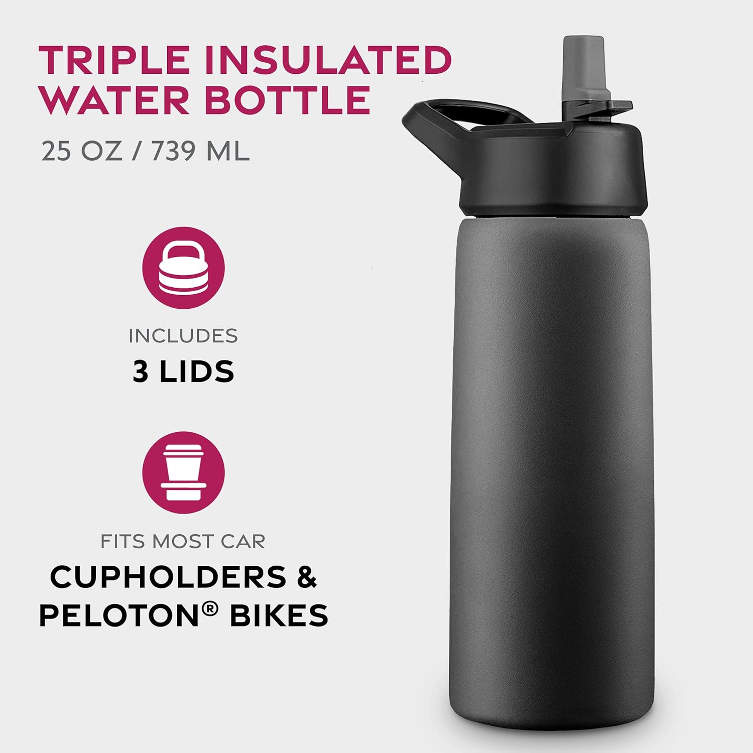 Triple Walled, Insulated Water Bottles with Straw - 25 Oz Stainless Steel Metal Bottle W/ 3 Leak Proof Lids