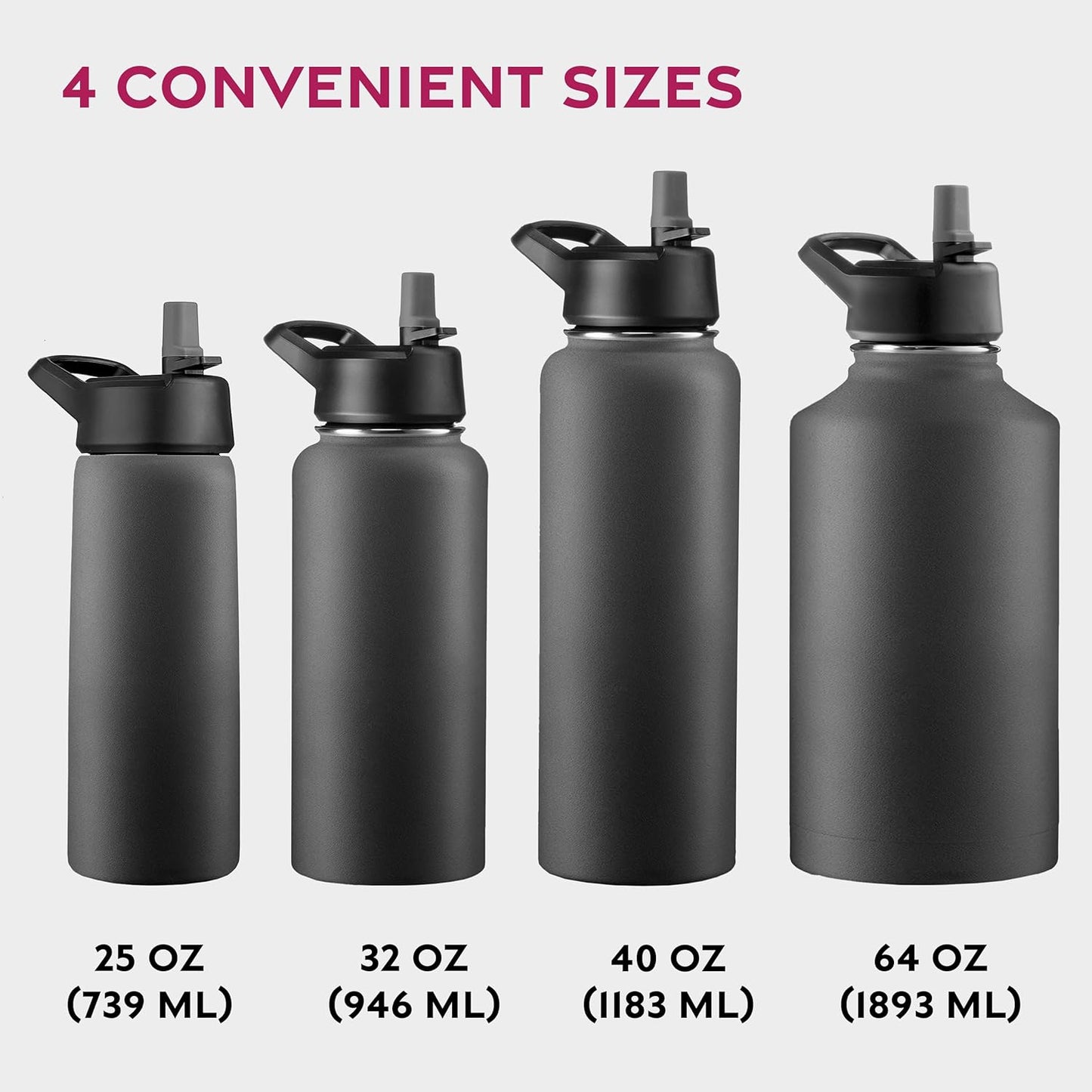 Triple Walled, Insulated Water Bottles with Straw - 25 Oz Stainless Steel Metal Bottle W/ 3 Leak Proof Lids