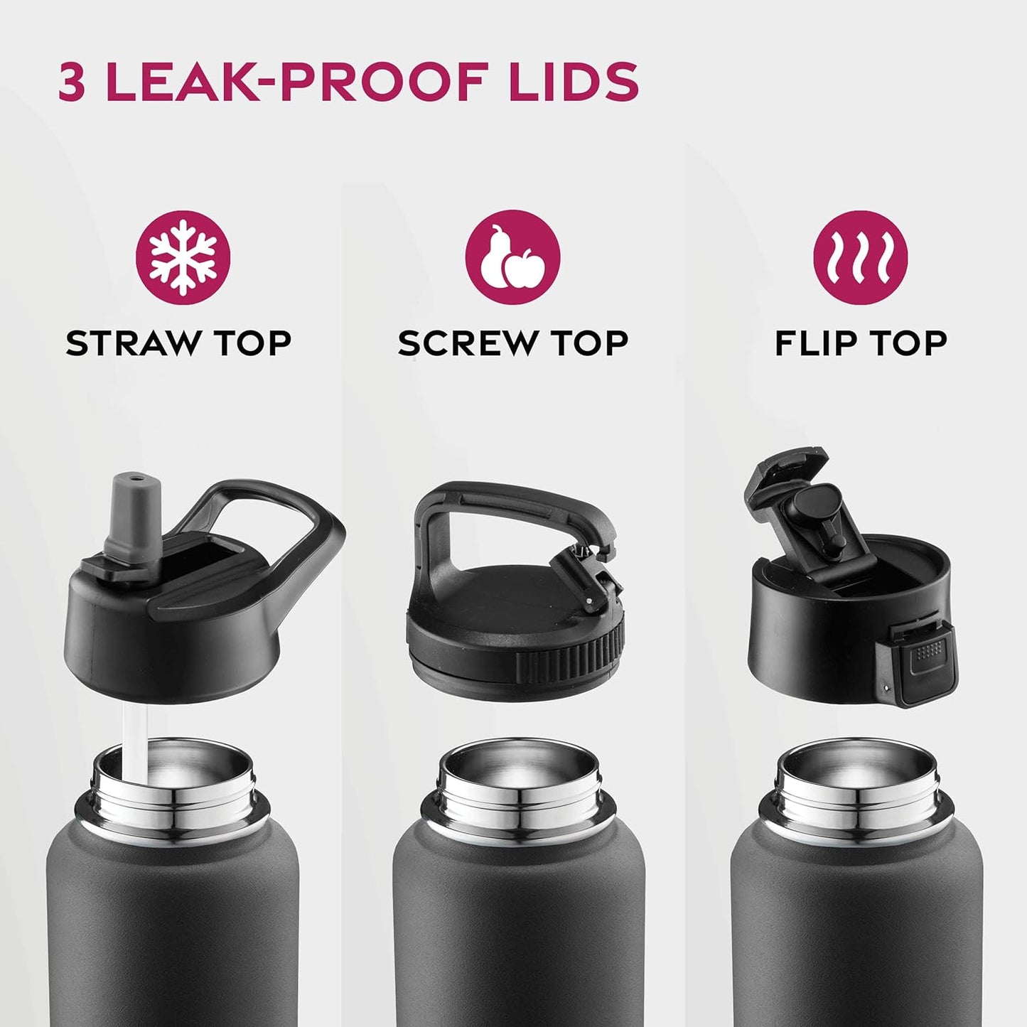 Triple Walled, Insulated Water Bottles with Straw - 25 Oz Stainless Steel Metal Bottle W/ 3 Leak Proof Lids