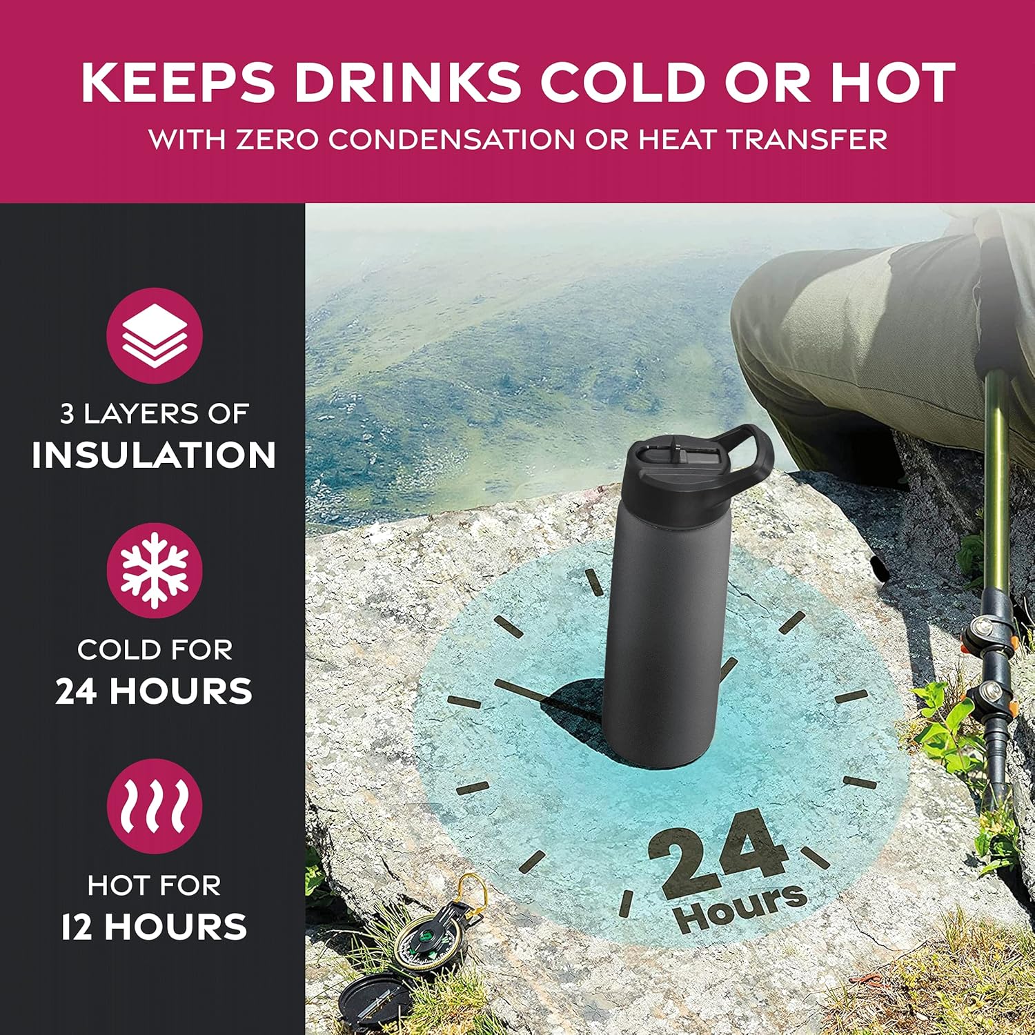 Triple Walled, Insulated Water Bottles with Straw - 25 Oz Stainless Steel Metal Bottle W/ 3 Leak Proof Lids